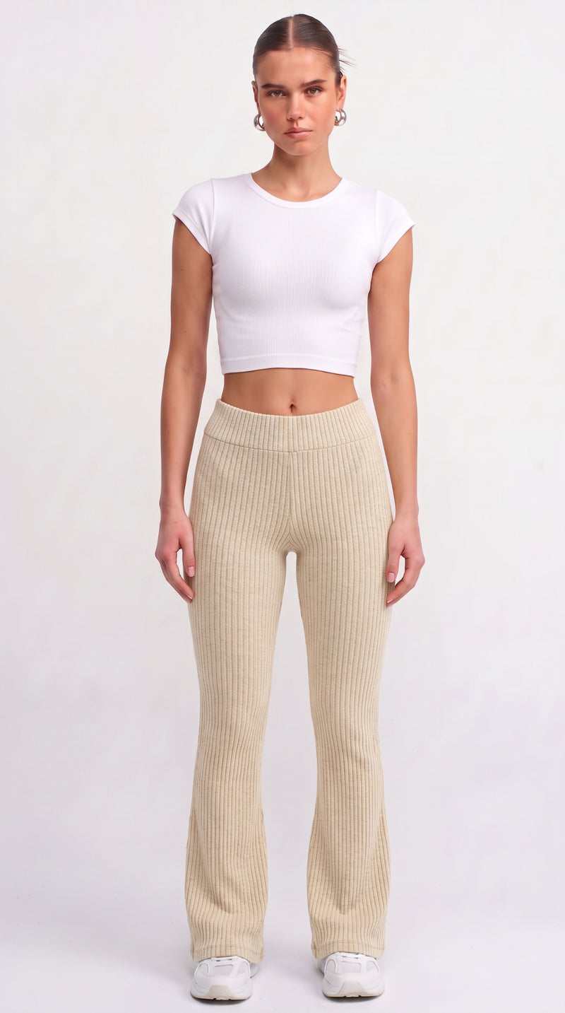 Ribbed Knit Flare Trousers - Cream