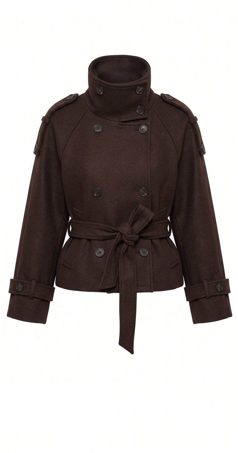 Cropped Wool Trench Coat - Dark Brown