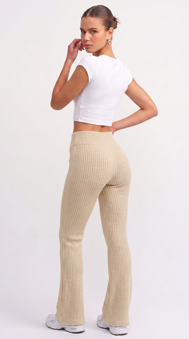 Ribbed Knit Flare Trousers - Cream