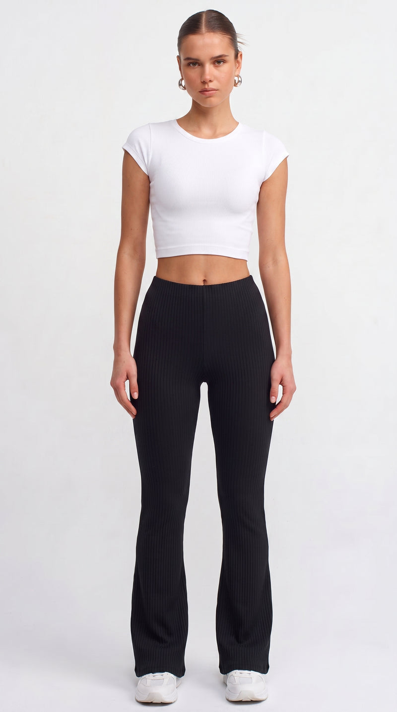 Ribbed Knitted Flared Trousers - Black