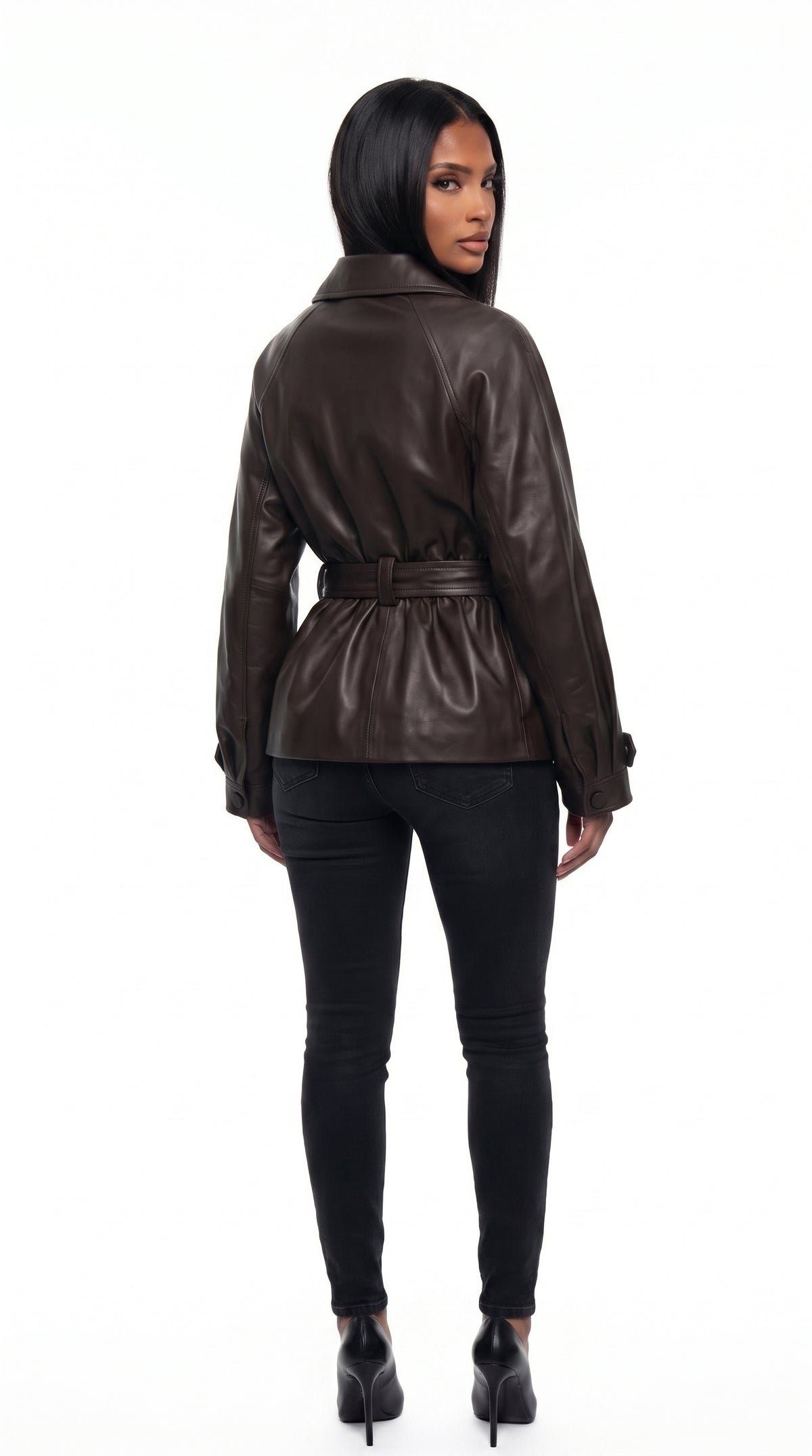 Belted Leather Jacket - Coffee Brown Black