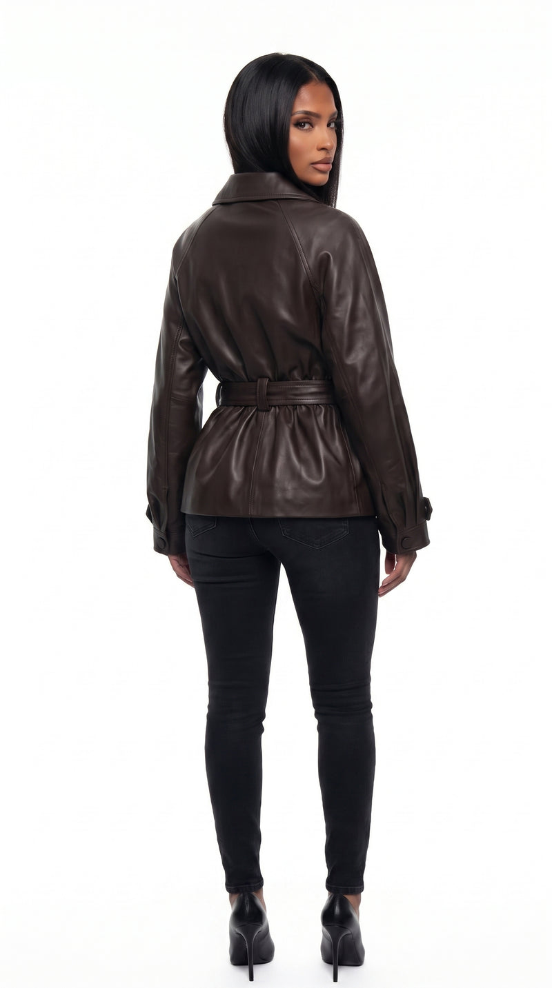Belted Leather Jacket - Coffee Brown Black