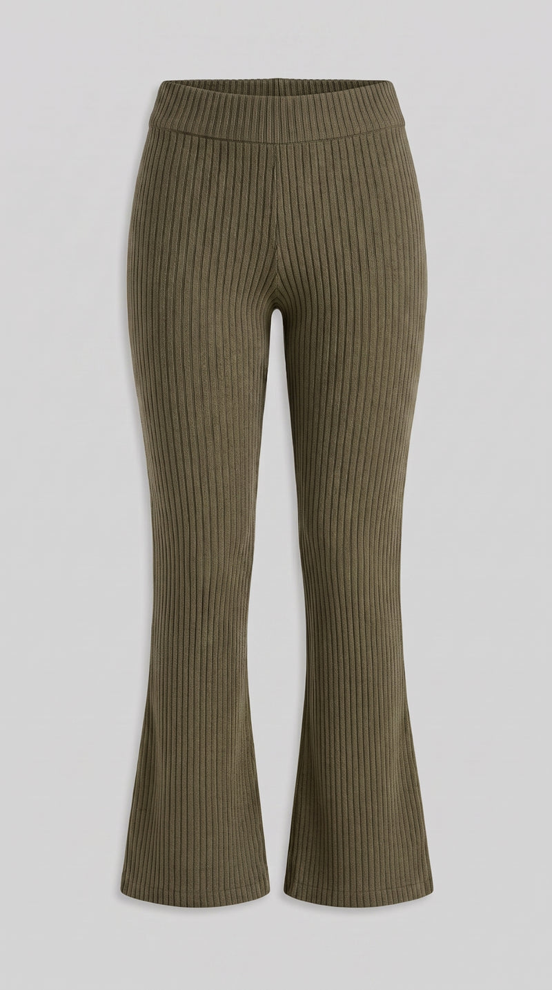 Ribbed Knit Flare Trousers - Olive