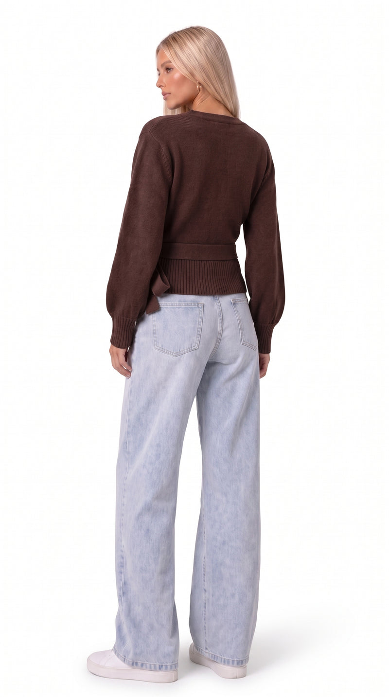 Wrap Blouse with Balloon Sleeves - Brown