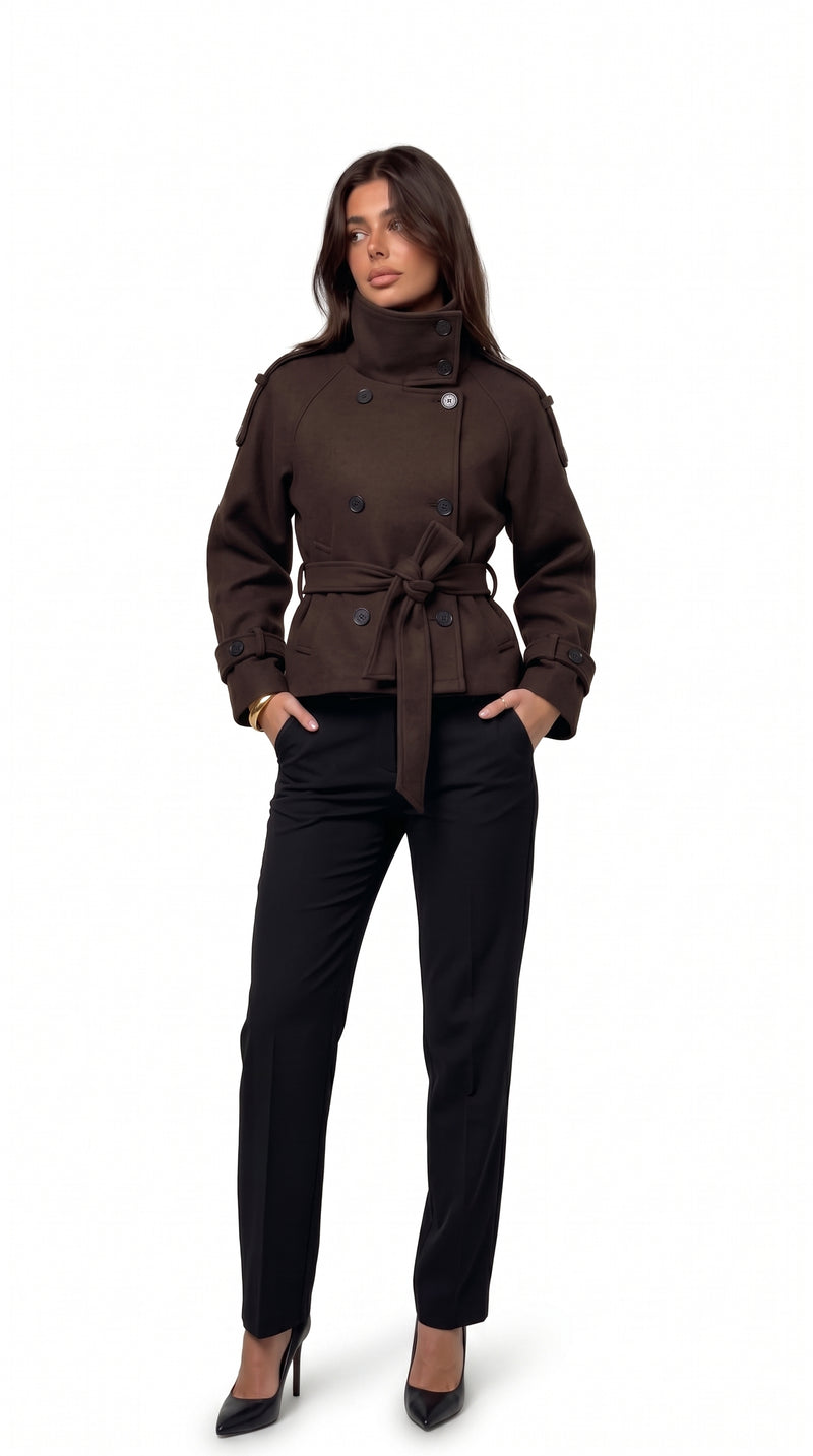 Cropped Wool Trench Coat - Dark Brown