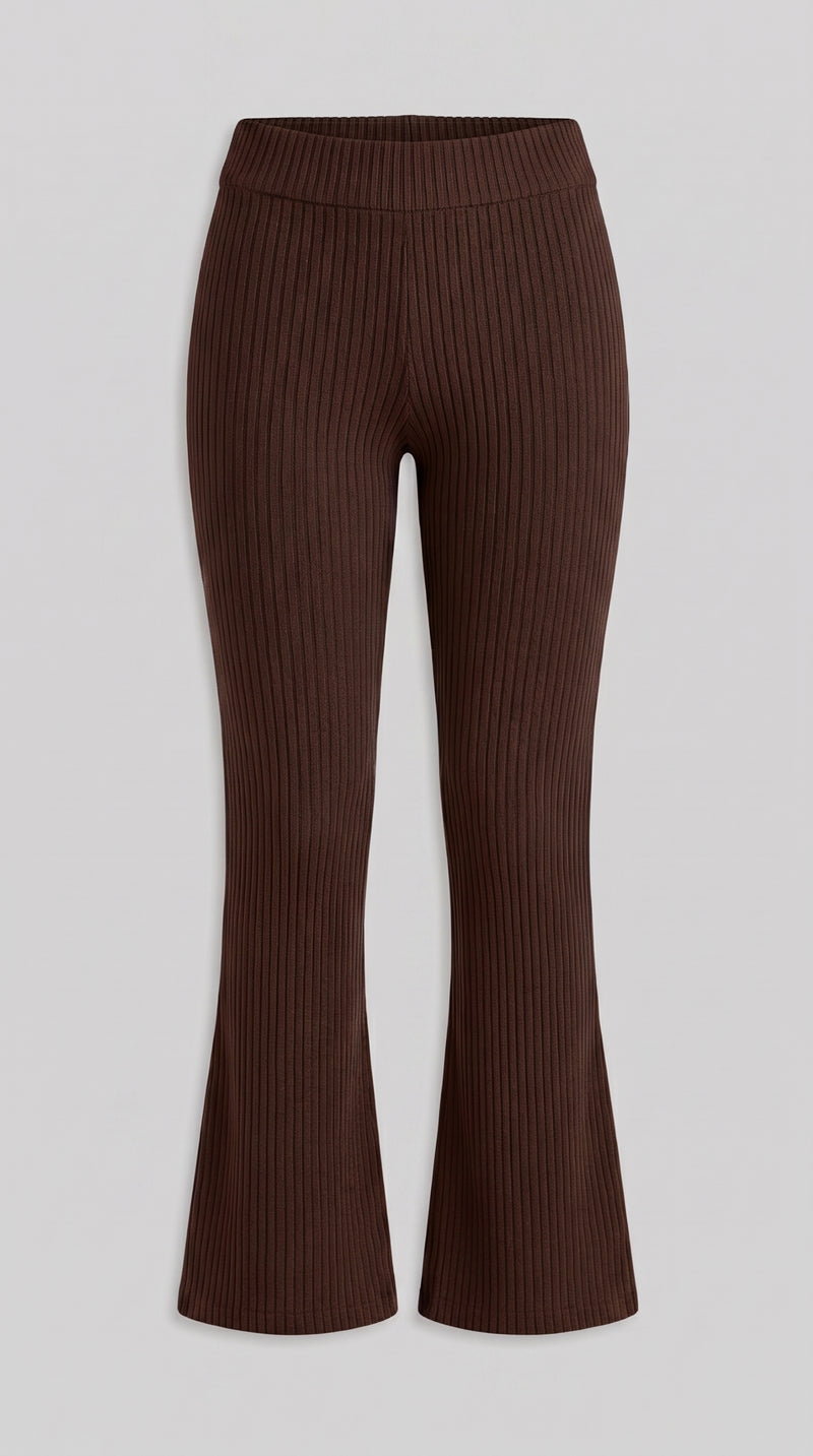 Ribbed Knit Flare Trousers - Brown