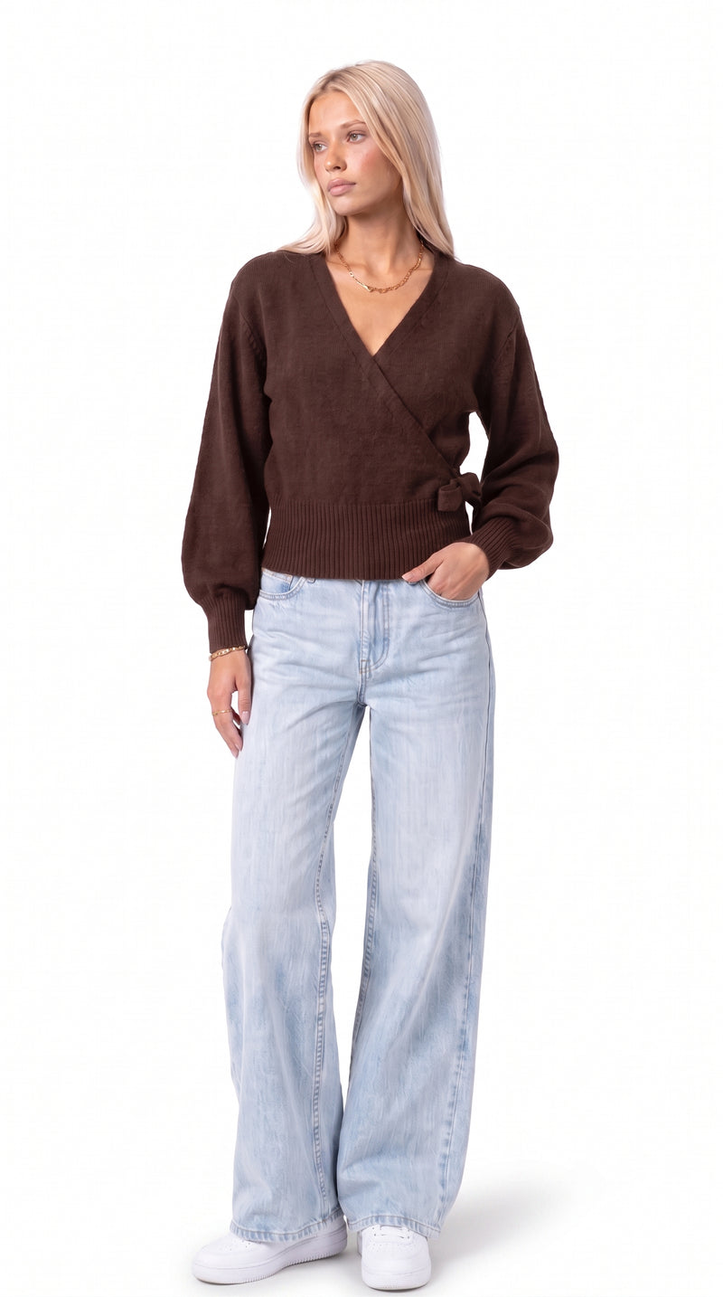Wrap Blouse with Balloon Sleeves - Brown