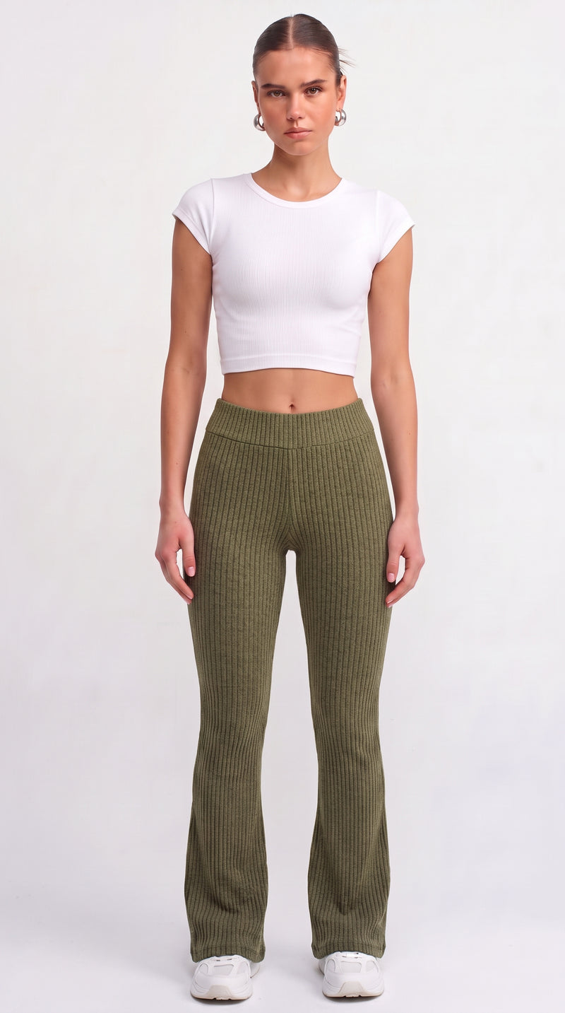 Ribbed Knit Flare Trousers - Olive