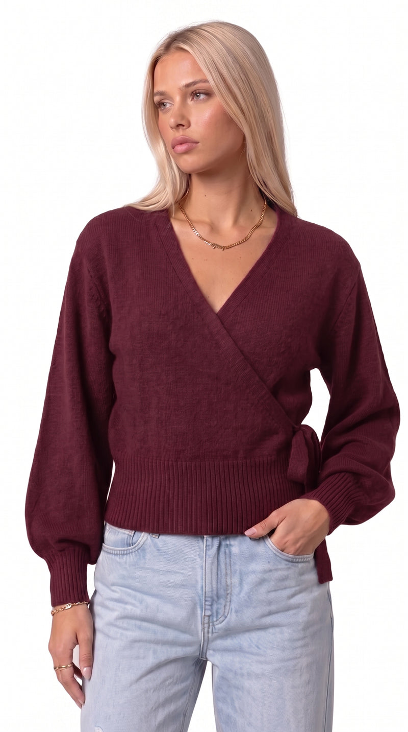 Wrap blouse with balloon sleeves - Burgundy