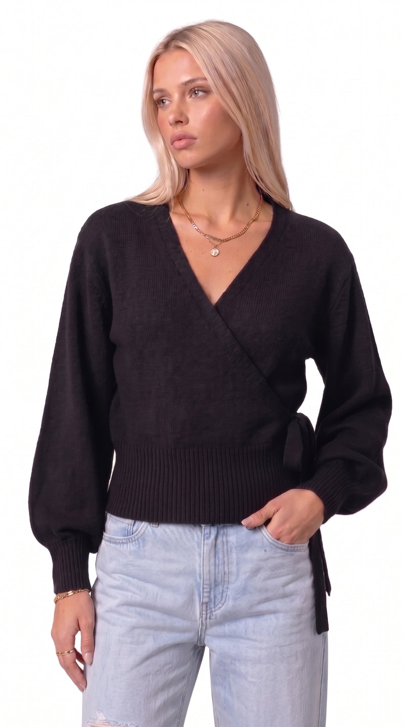 Wrap Blouse with Balloon Sleeves - Black