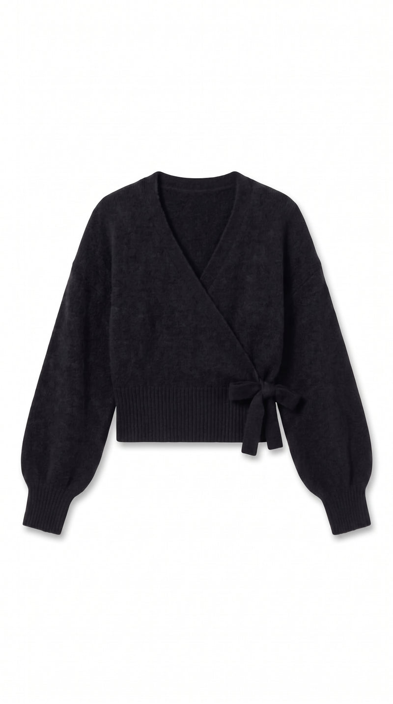 Wrap Blouse with Balloon Sleeves - Black