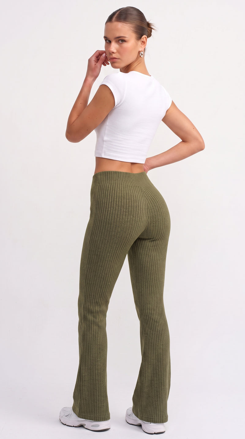 Ribbed Knit Flare Trousers - Olive