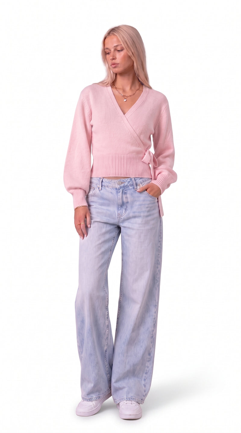 Wrap Blouse with Balloon Sleeves - Pink