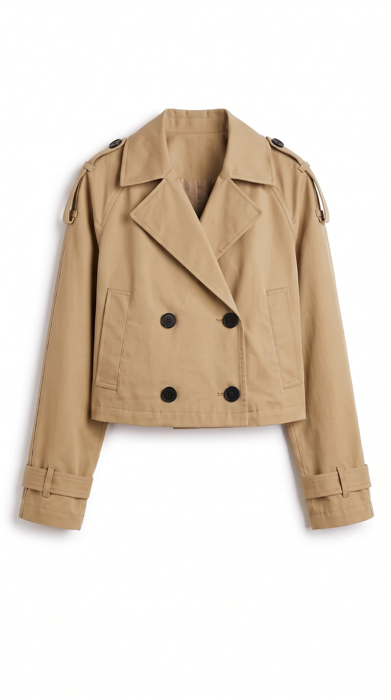 Cropped Trench Coat Open Collar - Khaki