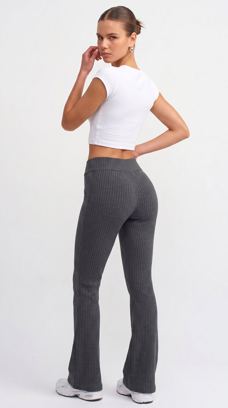 Rib-Knit Flared Trousers - Dark Grey