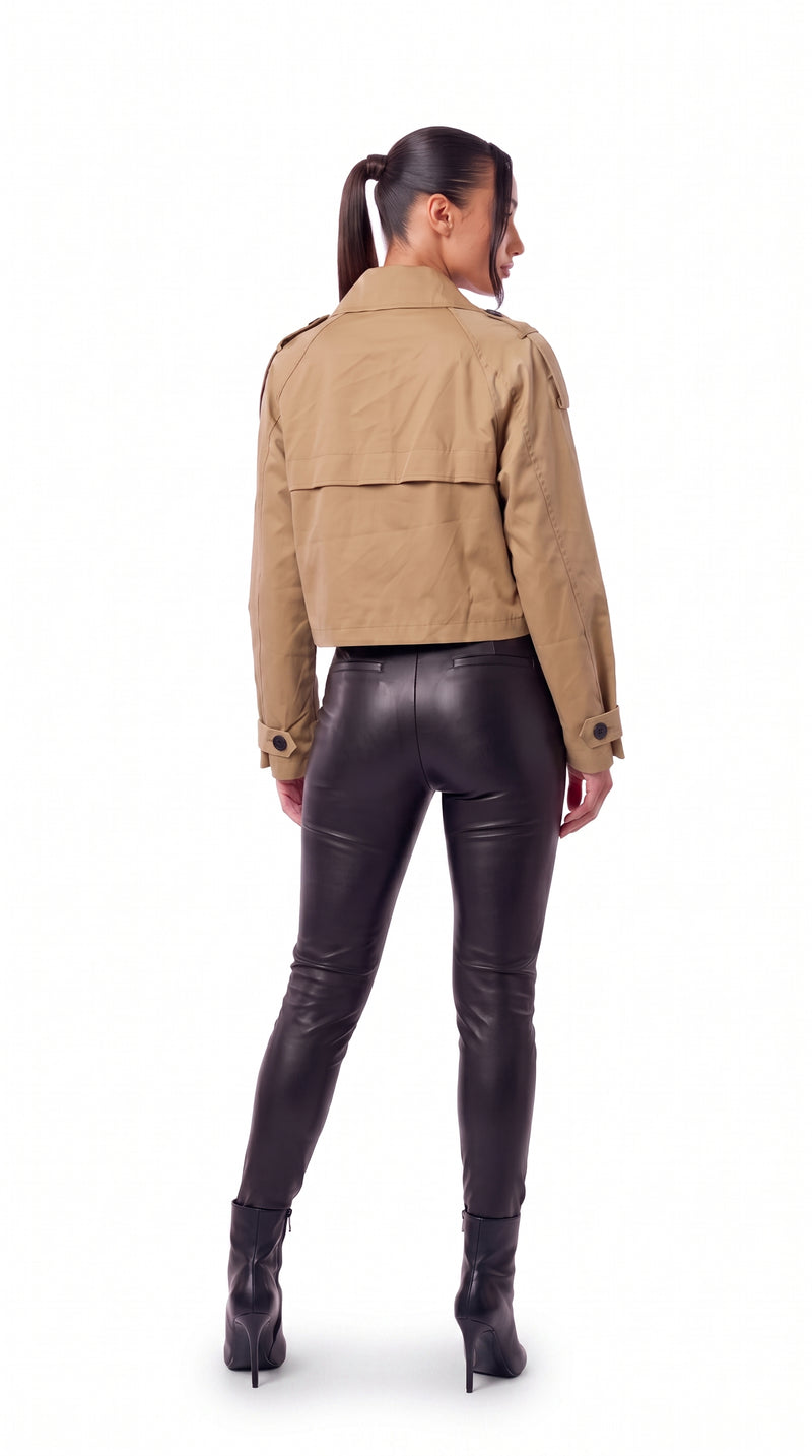 Cropped Trench Coat Open Collar - Khaki