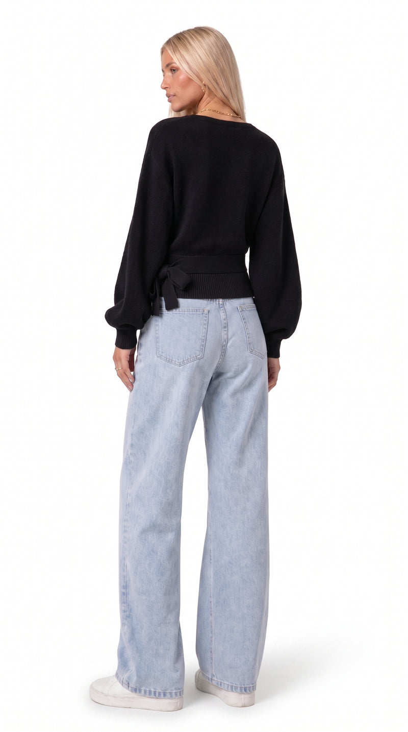 Wrap Blouse with Balloon Sleeves - Black