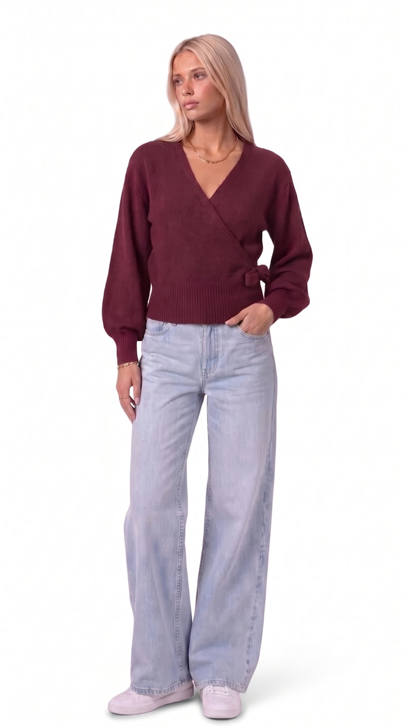 Wrap blouse with balloon sleeves - Burgundy