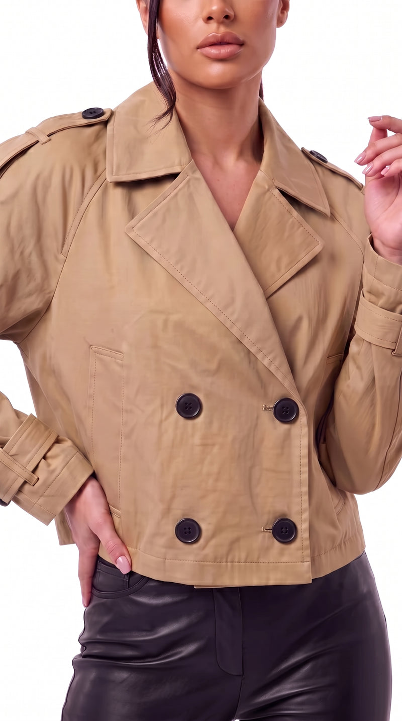 Cropped Trench Coat Open Collar - Khaki