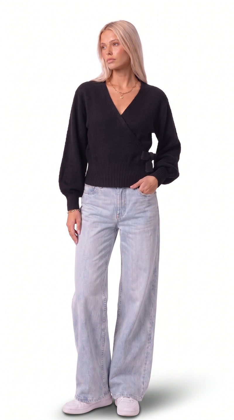 Wrap Blouse with Balloon Sleeves - Black