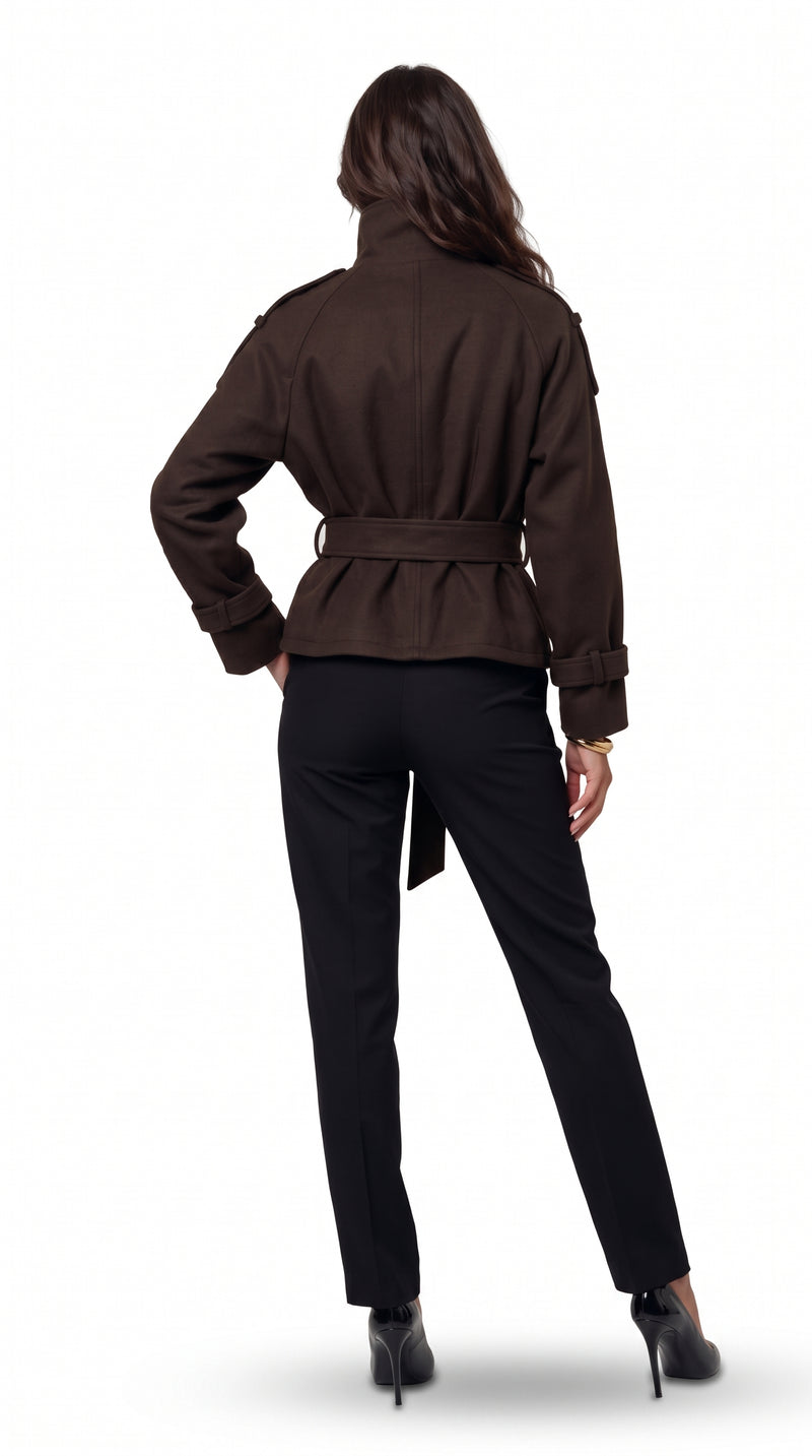 Cropped Wool Trench Coat - Dark Brown