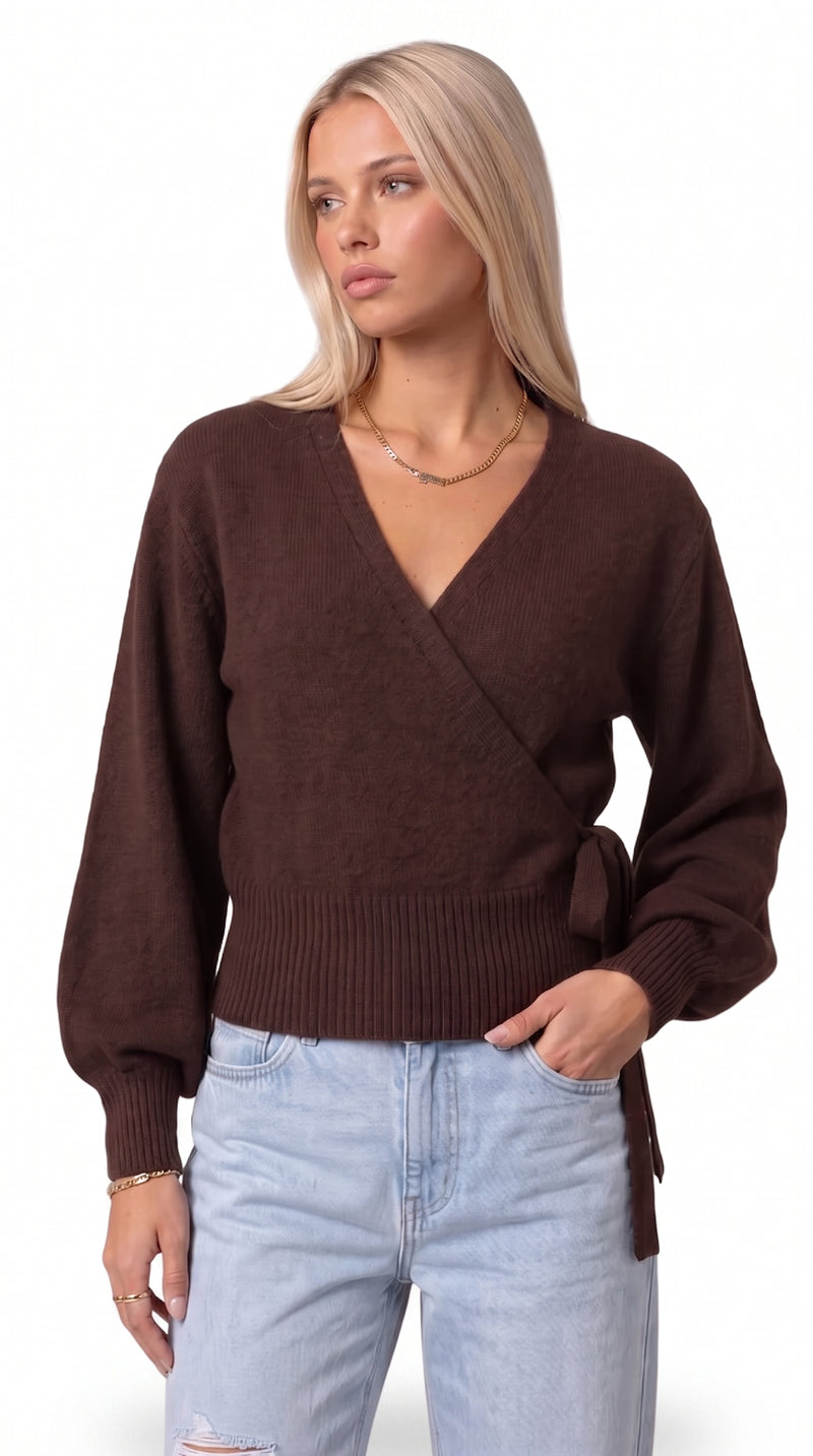 Wrap Blouse with Balloon Sleeves - Brown