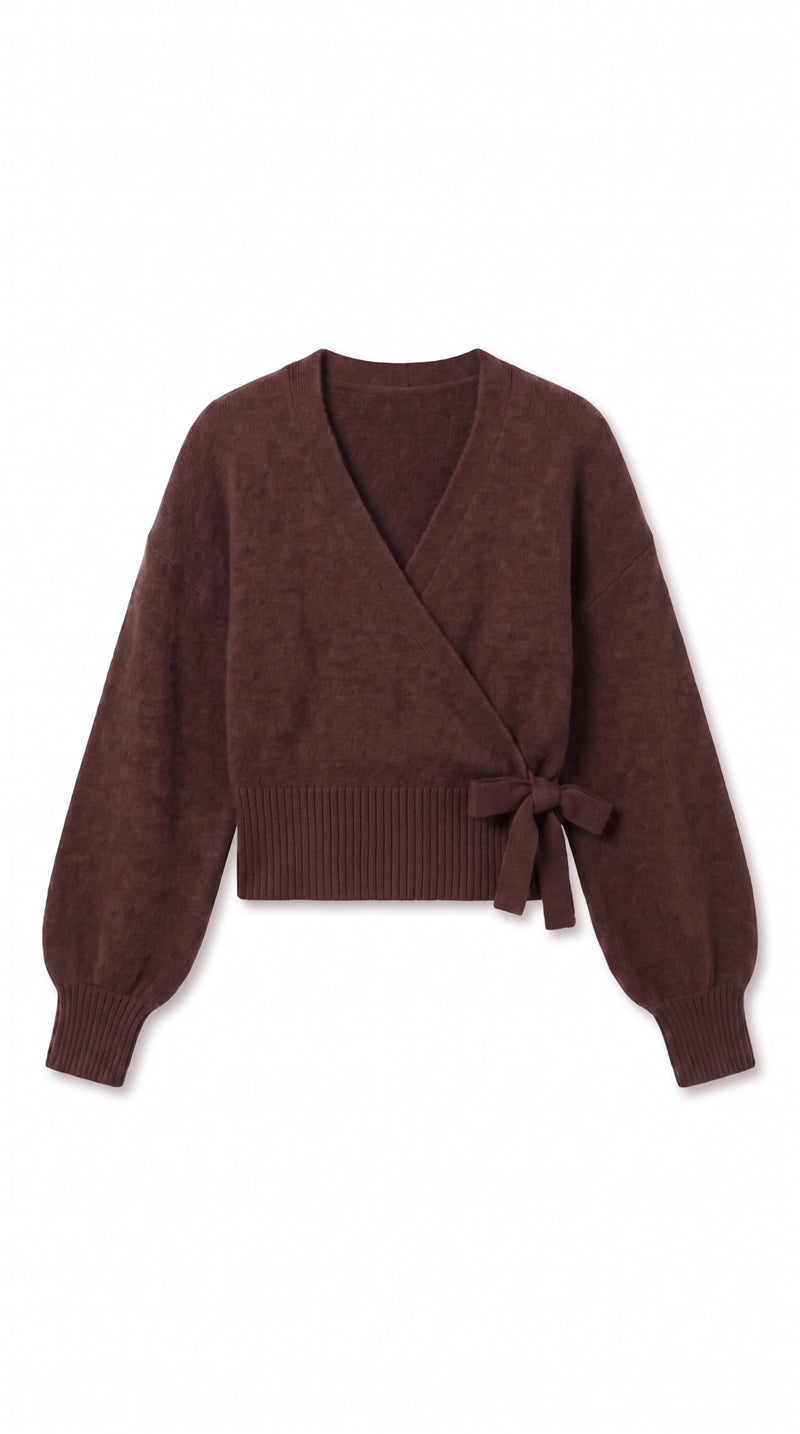Wrap Blouse with Balloon Sleeves - Brown