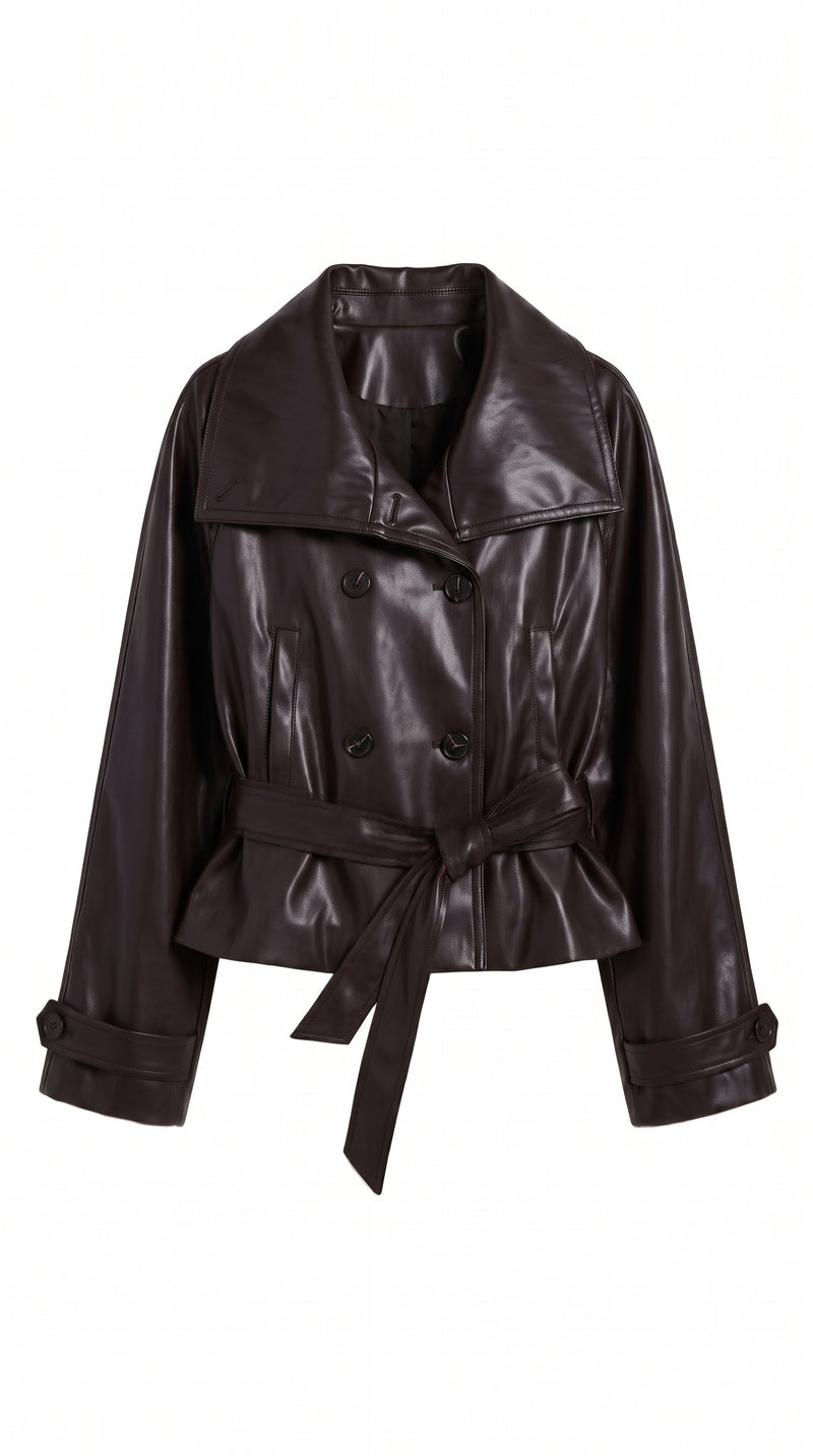 Belted Leather Jacket - Coffee Brown Black