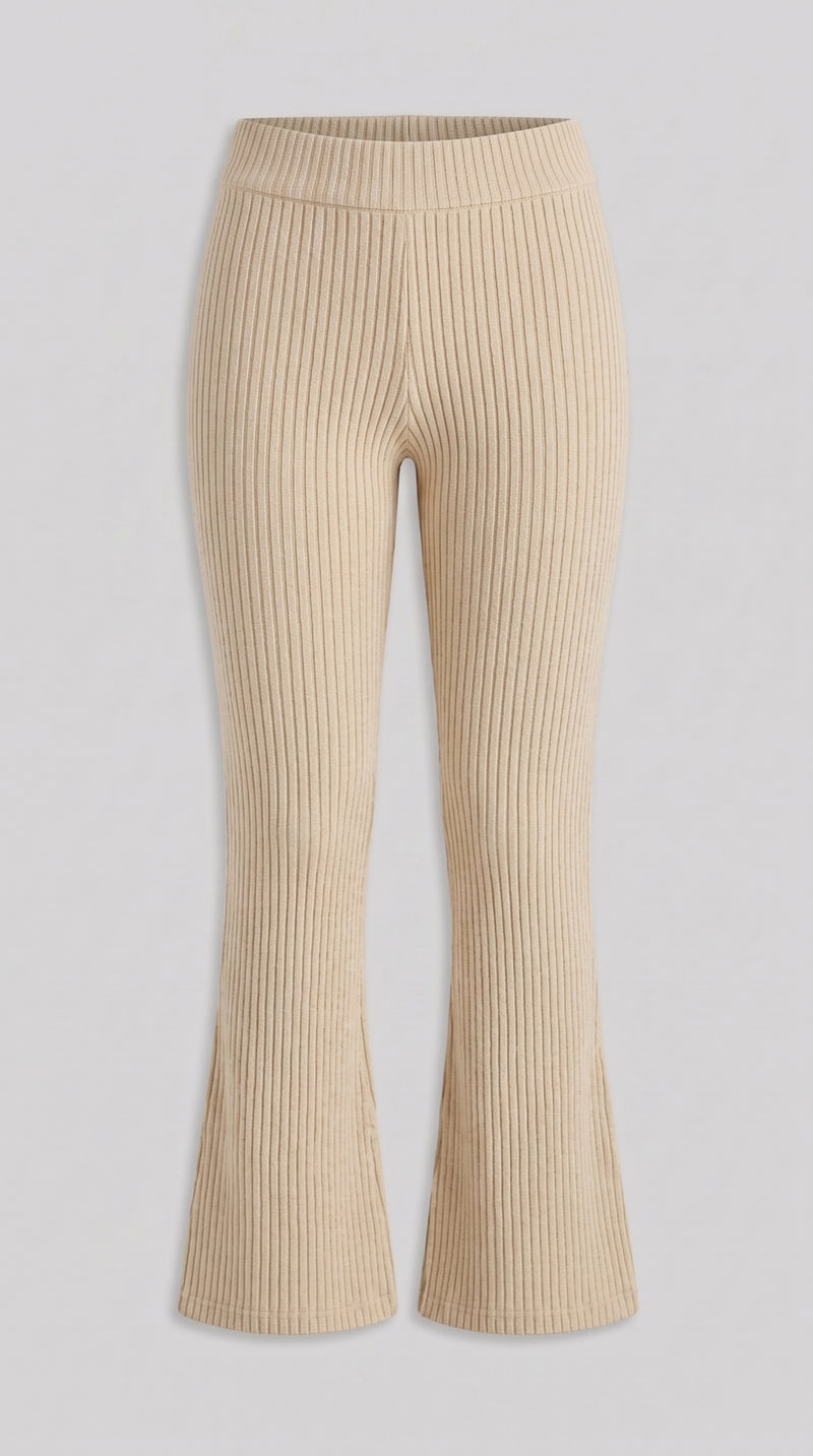 Ribbed Knit Flare Trousers - Cream