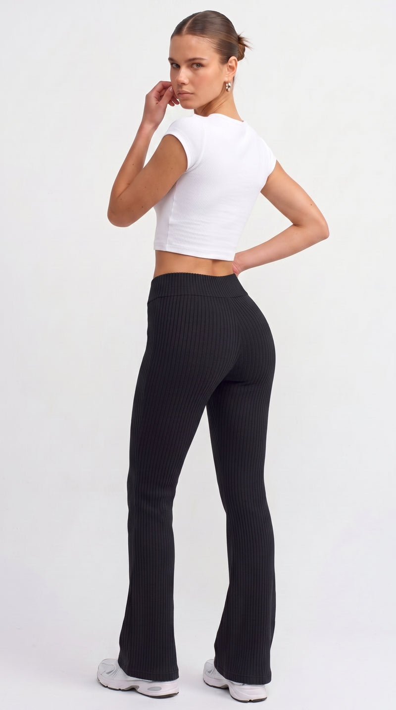 Ribbed Knitted Flared Trousers - Black