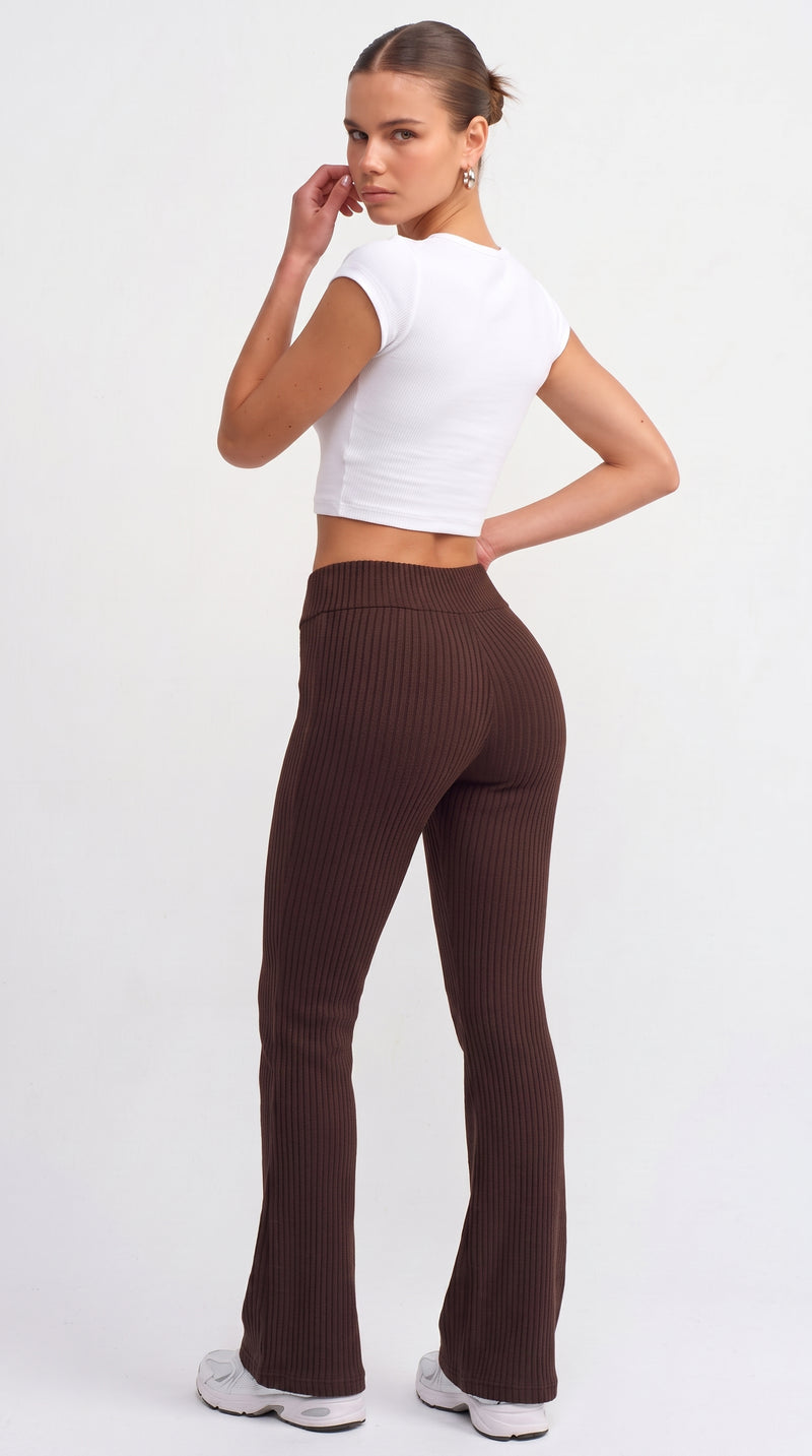 Ribbed Knit Flare Trousers - Brown