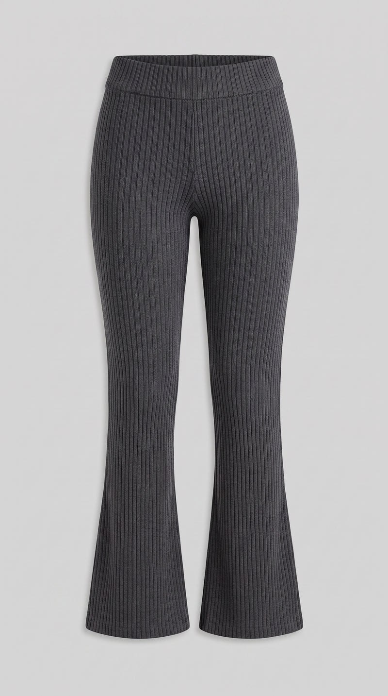 Rib-Knit Flared Trousers - Dark Grey