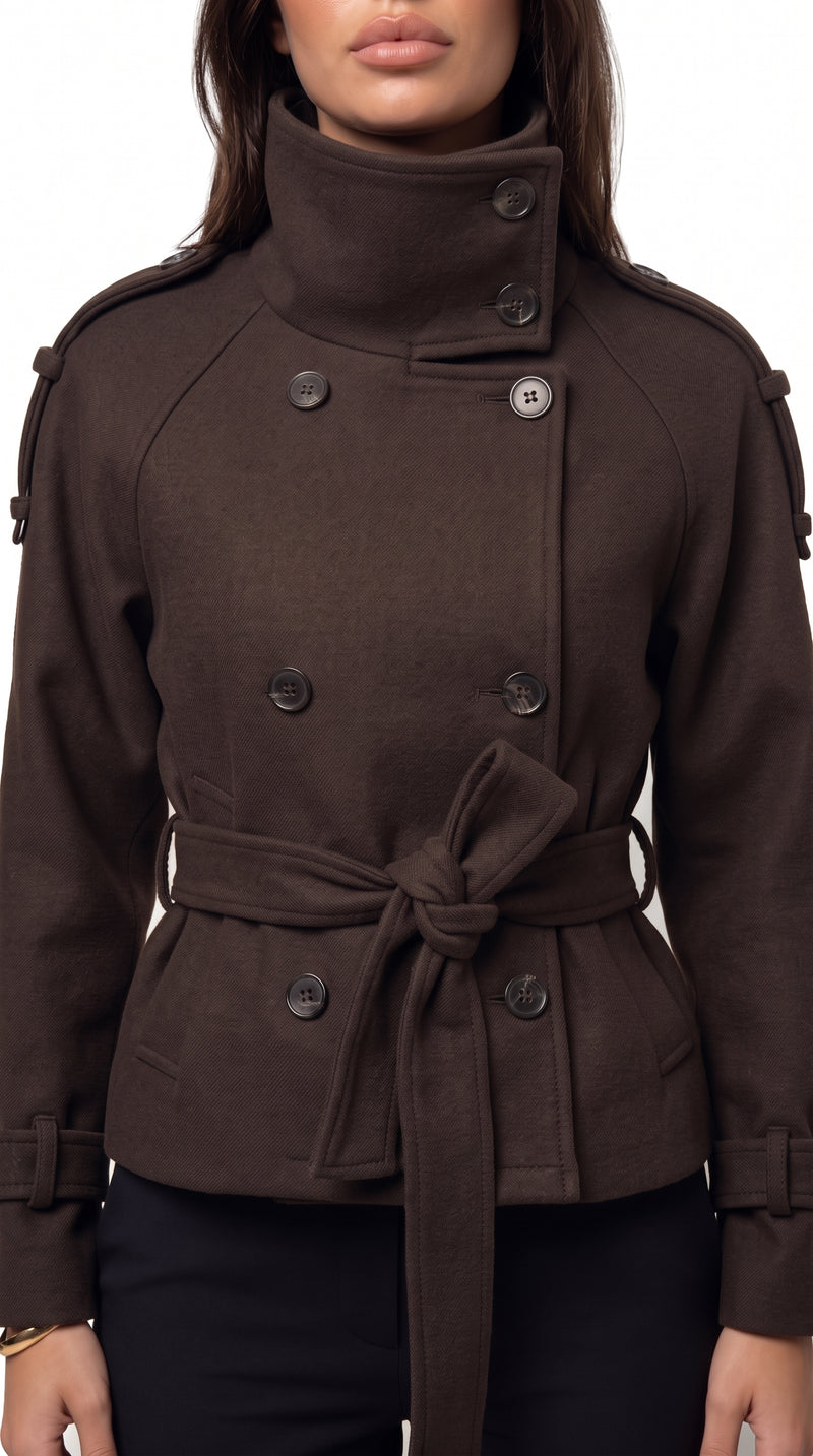 Cropped Wool Trench Coat - Dark Brown