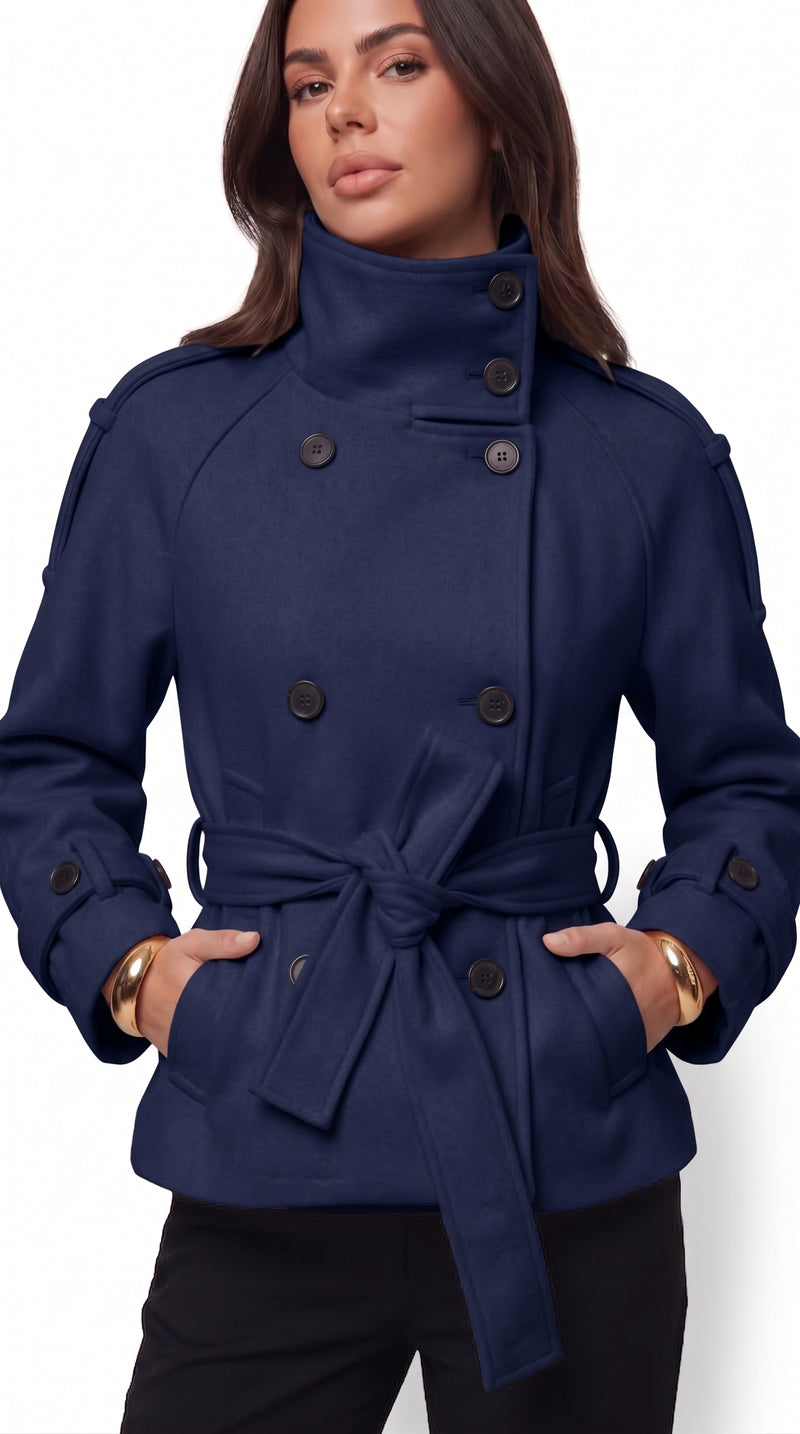 Cropped Wool Trench Coat - Navy