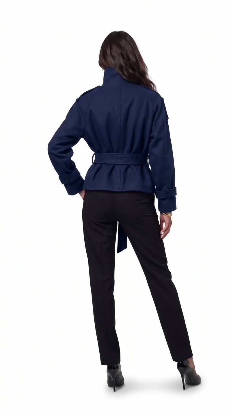 Cropped Wool Trench Coat - Navy