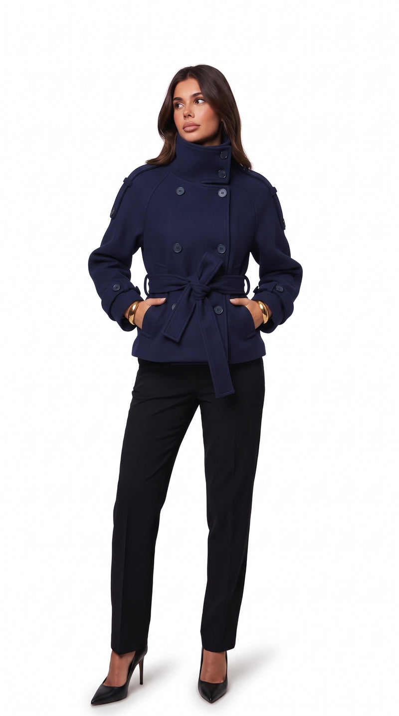 Cropped Wool Trench Coat - Navy