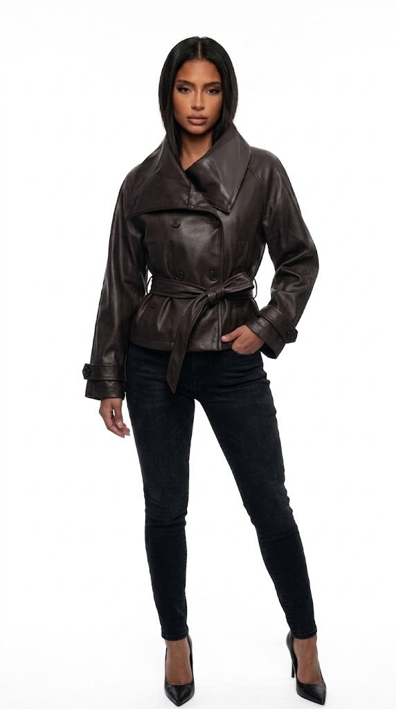 Belted Leather Jacket - Coffee Brown Black